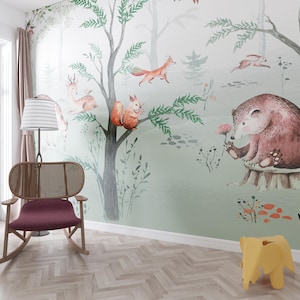 Woodland Animals Wallpaper Mural: Kids Forest Room Decor