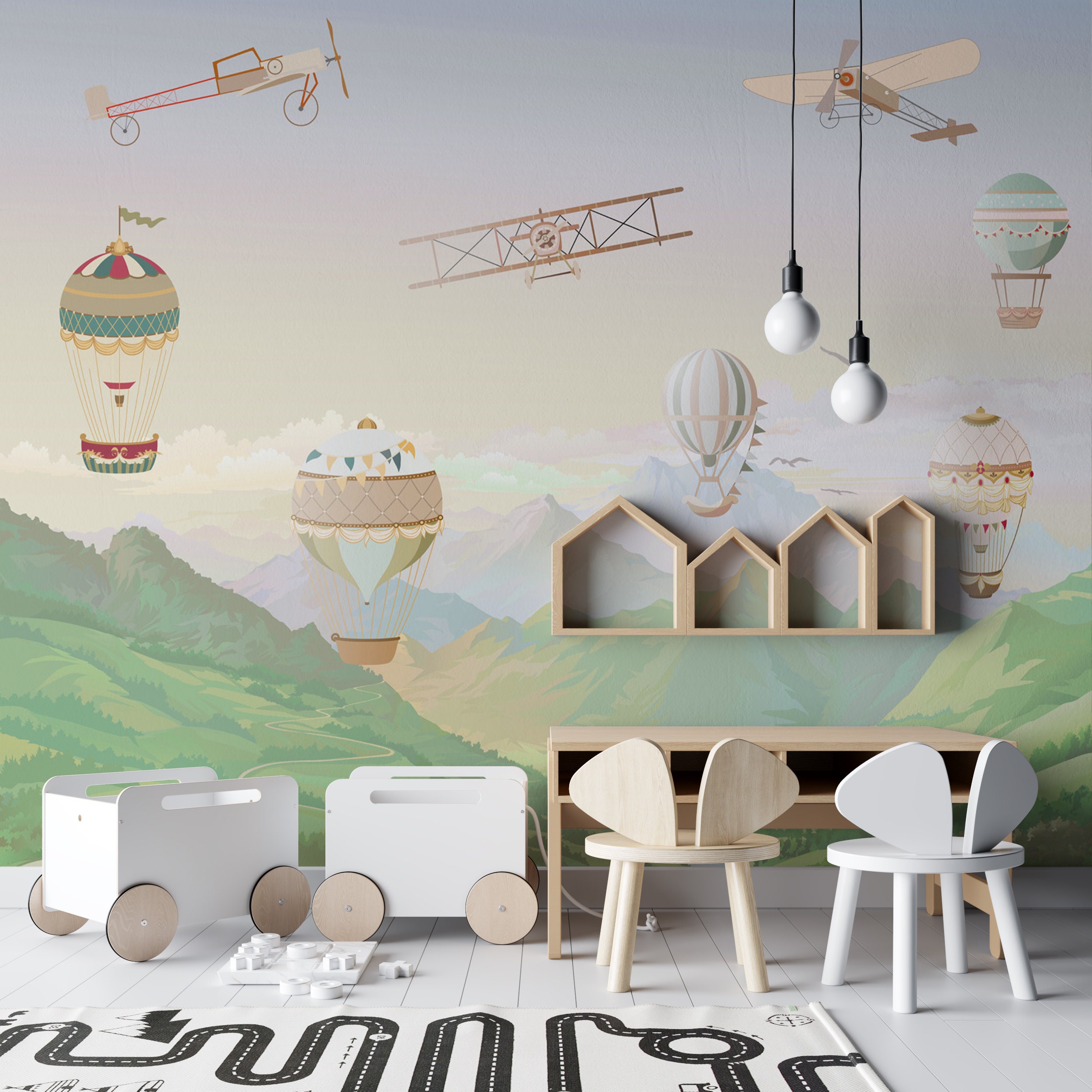 Mountain Kids Wallpaper Hot Air Balloons Wall Mural Peel and - Etsy