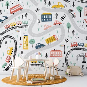 Papier peint voitures, trains et route de dessin animé, papier peint autocollant, papier peint chambre d'enfant, décoration murale éducative, décoration murale bébé, papier peint enfant