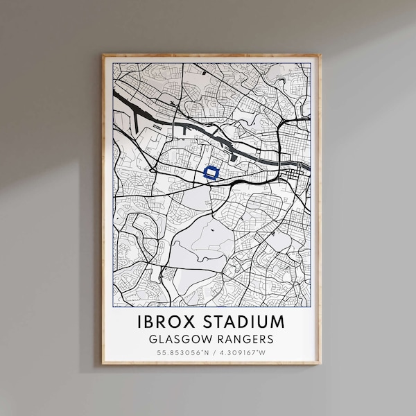 Glasgow Rangers FC Print, Ibrox Stadium Print, Stadium Print, Any Team Map Prints, Gift for Him, Football Club Map, Soccer Club Map Print