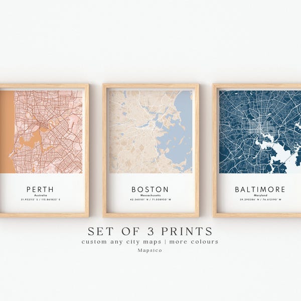Set Of 3 Custom Maps, City Map Prints, Custom Map Print, Custom Any Location, Personalized Map Print, City Poster Wall Art, City Map Gift