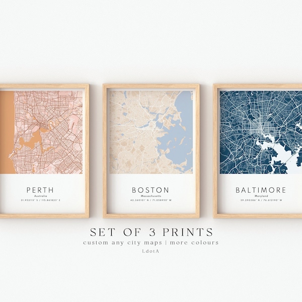 Set Of 3 Custom Maps, City Map Prints, Custom Map Print, Custom Any Location, Personalized Map Print, City Poster Wall Art, City Map Gift