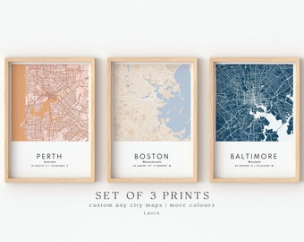 Set Of 3 Custom Maps, City Map Prints, Custom Map Print, Custom Any Location, Personalized Map Print, City Poster Wall Art, City Map Gift