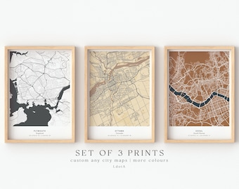 Set Of 3 Custom Maps, City Map Prints, Custom Map Print, Custom Any Location, Personalized Map Print, City Poster Wall Art, City Map Gift