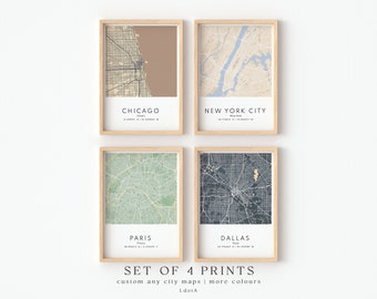 Set of 4 Custom Map Print, Personalized City Map Prints, Any Location, Custom Wall Art, Unique City Poster Gift, Any Hometown Location