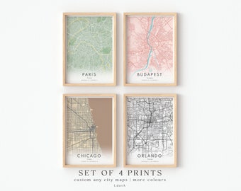 Set Of 4 Custom Maps, City Map Prints, Custom Map Print, Custom Any Location, Personalized Map Print, City Poster Wall Art, City Map Gift