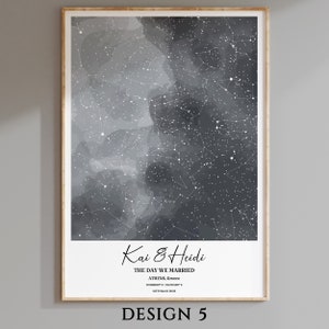 May include: A black and white star map print with a watercolor effect. The print features the names "Kai & Heidi" and the text "The day we married, Athens, Greece, 37.583810&deg; N, 23.721520&deg; E, 15th March 2023".