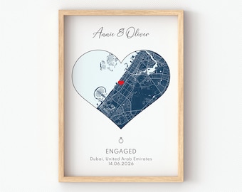 Engagement Print, Personalised Engagement Gift, Gift For Engaged Couple, Custom Map Poster, Wedding Keepsake, Couple Wall Art Wedding Gift