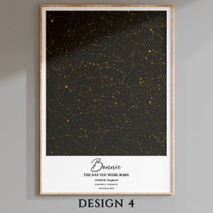 May include: A black and gold star chart print with the text "Bonnie, The Day You Were Born, London, England, 51.507225&deg; N / 0.127829&deg; W, 24th March 2023".