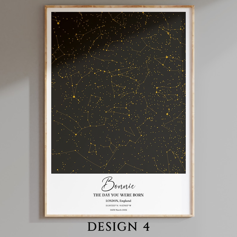 May include: A black and gold star chart print with the text "Bonnie, The Day You Were Born, London, England, 51.507225&deg; N / 0.127829&deg; W, 24th March 2023".