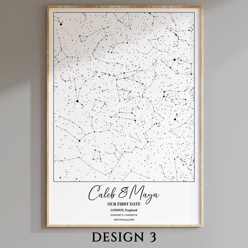 May include: A black and white star map print with the text "Caleb & Maya", "OUR FIRST DATE", "LONDON, England", "51.507225&deg; N / 0.1275&deg; W", and "26 February 2003".