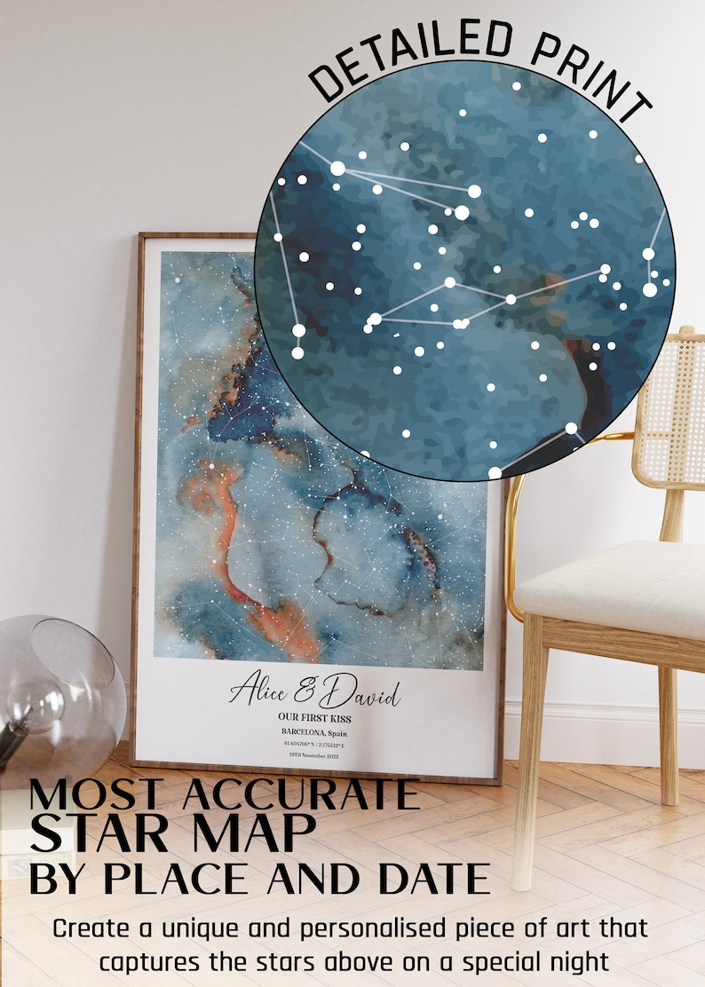 May include: A personalized star map print with a watercolor background in shades of blue and orange. The print features a constellation map with white stars and lines, and the text "Alice & David" and "Our First Kiss" in a handwritten font. The print is framed in a light wood frame.