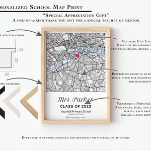 May include: Personalized school map print with a light wood frame. The map features a city layout with roads, rivers, and lakes. Text includes "Mrs. Parker, Class of 2023" and "best teacher ever". Available frame colors are black, white, and light wood.