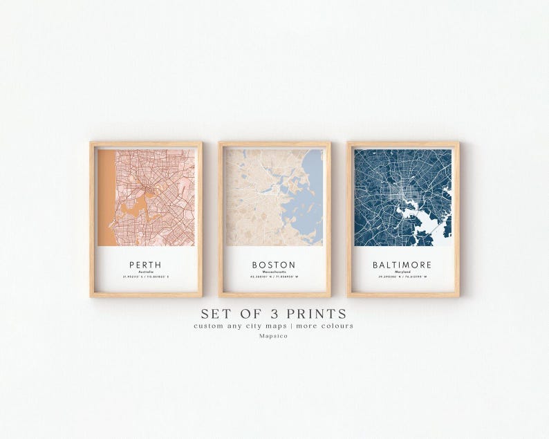 Set Of 3 Custom Maps, City Map Prints, Custom Map Print, Custom Any Location, Personalized Map Print, City Poster Wall Art, City Map Gift image 12
