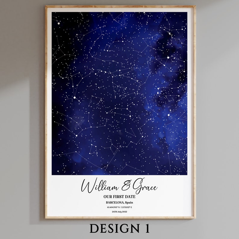 May include: A navy blue watercolor background with white stars and constellations. The text "William & Grace" is written in cursive at the bottom of the image, along with the text "Our First Date", "Barcelona, Spain", "41.404700&deg; N, 2.175122&deg; E", and "24th July 2022".