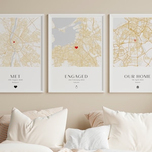 Set of 3 Prints Love Story Wall Art- Hello-Will You-I Do Map-Engagement Gift, Newlywed Wedding Anniversary Gift, Met Engaged Married Map