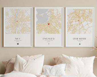 Met Engaged Married Maps, Met Married Home, Set of 3 Maps, Gift For Newlywed, Personalised Wedding Anniversary Gift, Couples Wedding Present