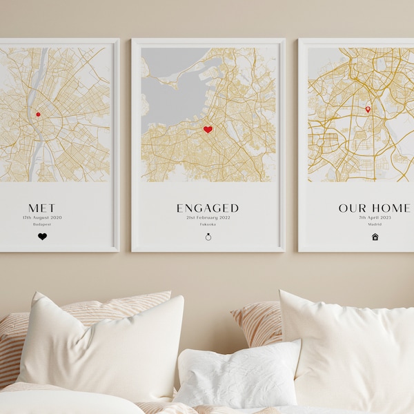 Met Engaged Married Maps, Met Married Home, Set of 3 Maps, Gift For Newlywed, Personalised Wedding Anniversary Gift, Couples Wedding Present