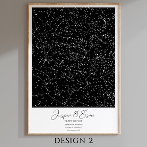 May include: A black and white star map print with the names "Jasper & Esme" and the text "Place We Met Aberdeen, Scotland 57.14748&deg; N, 2.09540&deg; W 26th September 2022".