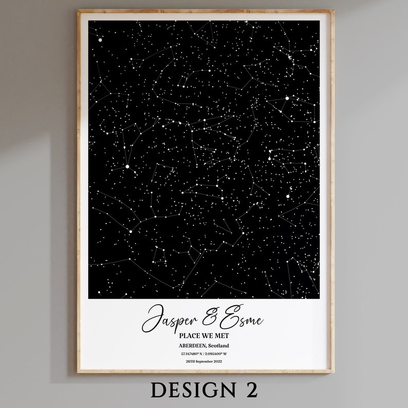 May include: A black and white star map print with the names "Jasper & Esme" and the text "Place We Met Aberdeen, Scotland 57.14748&deg; N, 2.09540&deg; W 26th September 2022".