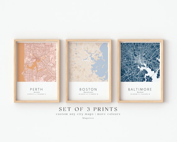 Set Of 3 Custom Maps, City Map Prints, Custom Map Print, Custom Any Location, Personalized Map Print, City Poster Wall Art, City Map Gift