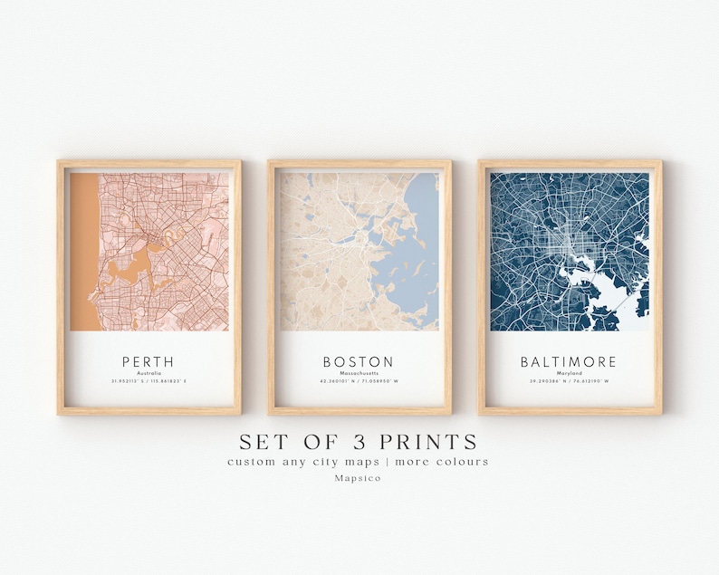 Set Of 3 Custom Maps, City Map Prints, Custom Map Print, Custom Any Location, Personalized Map Print, City Poster Wall Art, City Map Gift image 1
