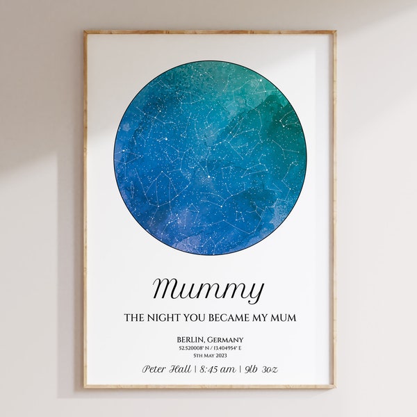 Personalised Mother's Day Gift, The Day You Became My Mummy, Star Map Print For Mum, Special Gift for Mom, Custom Night Sky Gift For Parents