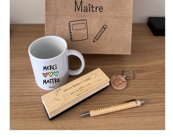 Coffret cadeau fin d'année scolaire maîtresse / maître - merci maîtresse - brosse en bois graver tableau personnalisée