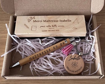 Coffret cadeau fin d'année scolaire maîtresse / maître - merci maîtresse - brosse en bois graver tableau personnalisée