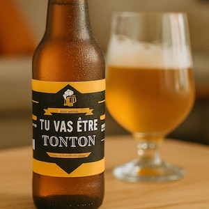 Bierflesetiket, zwangerschapsaankondiging, tante, oom, opa, oma, vader, gepersonaliseerde onderzetter