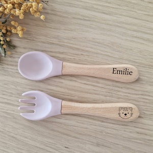 Personalized baby cutlery set/Wooden fork and spoon/Birth gift Rose pale