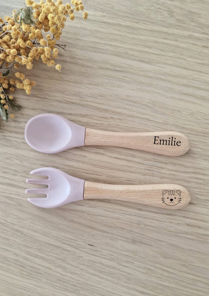 Personalized baby cutlery set/Wooden fork and spoon/Birth gift Rose pale