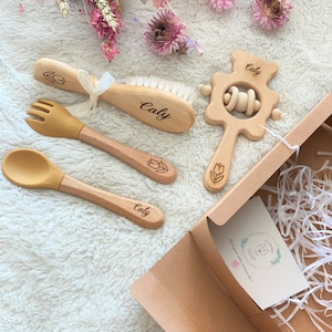 Personalized birth gift box / Baby cutlery, brush and wooden rattle