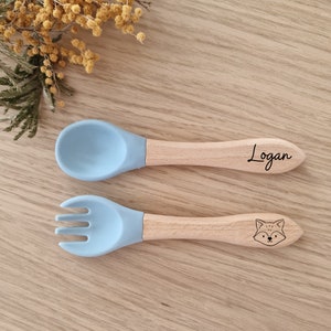 Personalized baby cutlery set/Wooden fork and spoon/Birth gift Blue