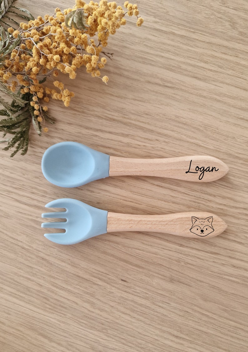 Personalized baby cutlery set/Wooden fork and spoon/Birth gift Blue