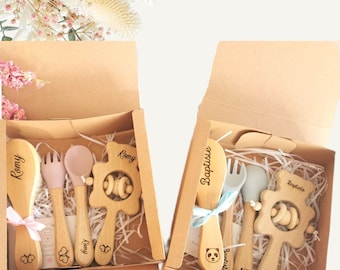 Personalized Birth Gift Box / Baby cutlery, brush and wooden rattle