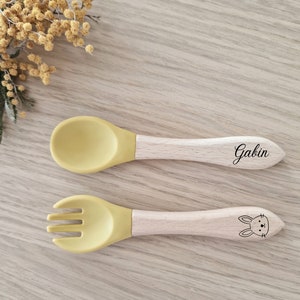 Personalized baby cutlery set/Wooden fork and spoon/Birth gift Moutarde