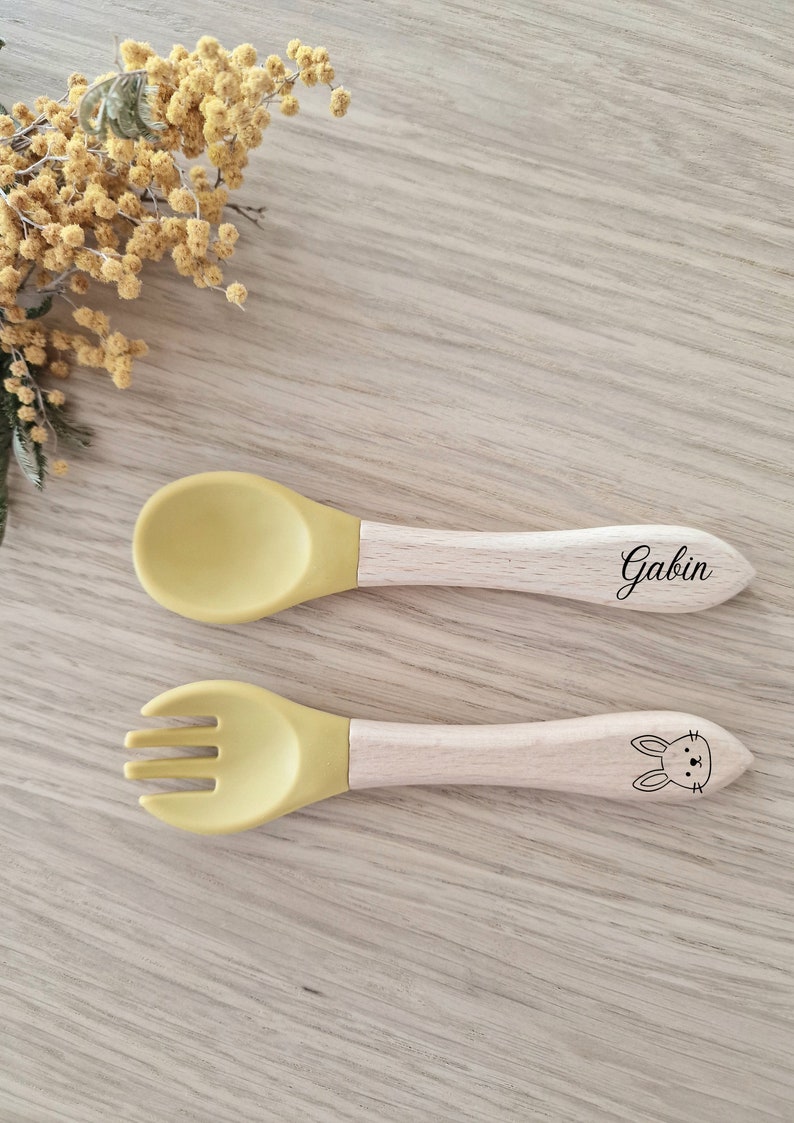 Personalized baby cutlery set/Wooden fork and spoon/Birth gift Moutarde