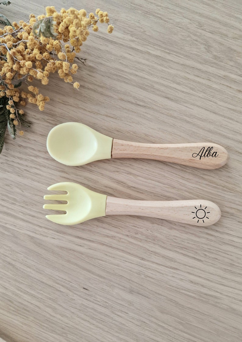 Personalized baby cutlery set/Wooden fork and spoon/Birth gift Yellow