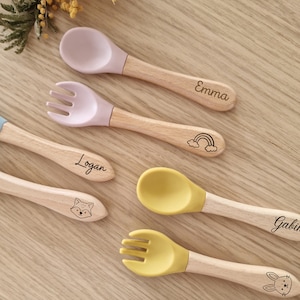 Personalized baby cutlery set/Wooden fork and spoon/Birth gift image 1