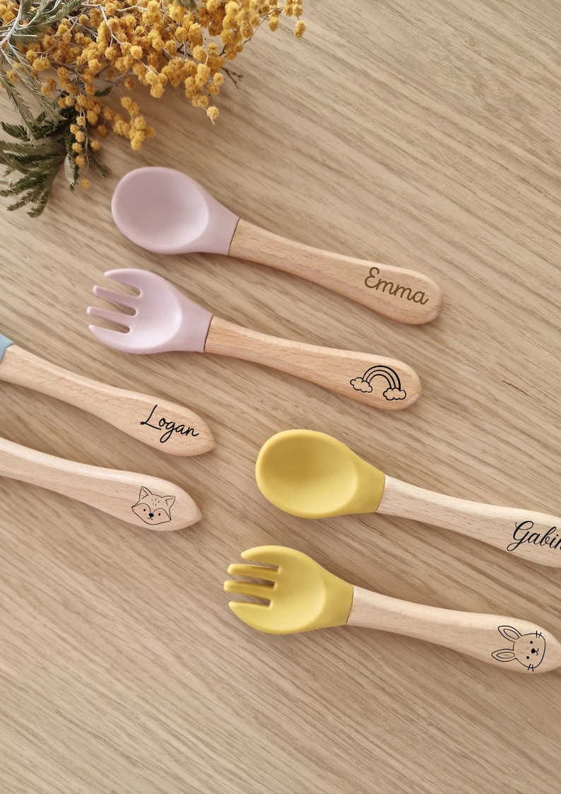 Personalized baby cutlery set/Wooden fork and spoon/Birth gift image 1