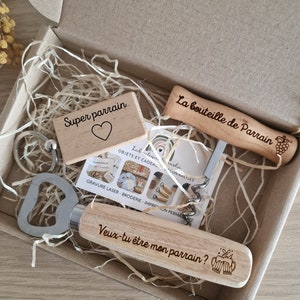Coffret cadeau homme ou Femme personnalisé / Décapsuleur tire bouchon porte clé en bois / Fête des grands pères