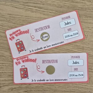 Scratch card, boarding pass, offer a destination