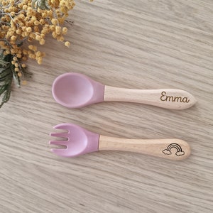 Personalized baby cutlery set/Wooden fork and spoon/Birth gift Rose foncé