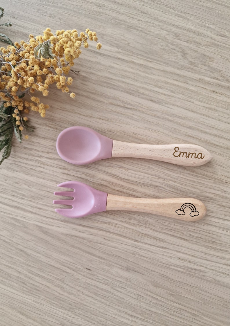 Personalized baby cutlery set/Wooden fork and spoon/Birth gift Rose foncé