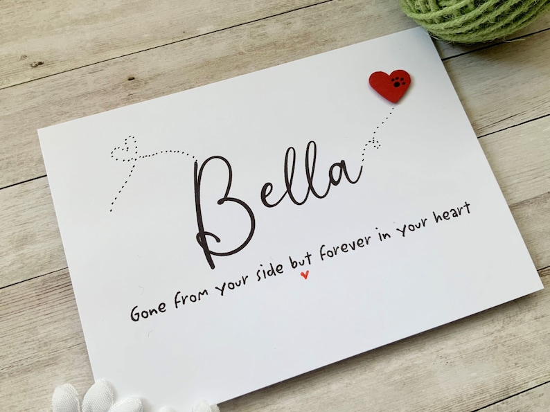 Pu&ograve; includere: Carta bianca con testo nero che recita "Bella Gone from your side but forever in your heart" con un cuore rosso e un cuore rosso con un'impronta di zampa sopra il testo.