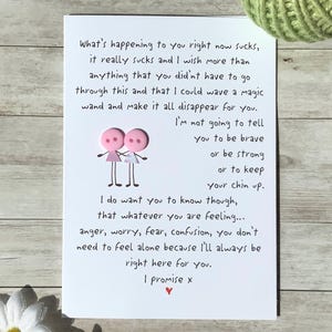 Friendship card for tough times, emotional support card for best friend, simple illustration of two figures holding hands, handmade style