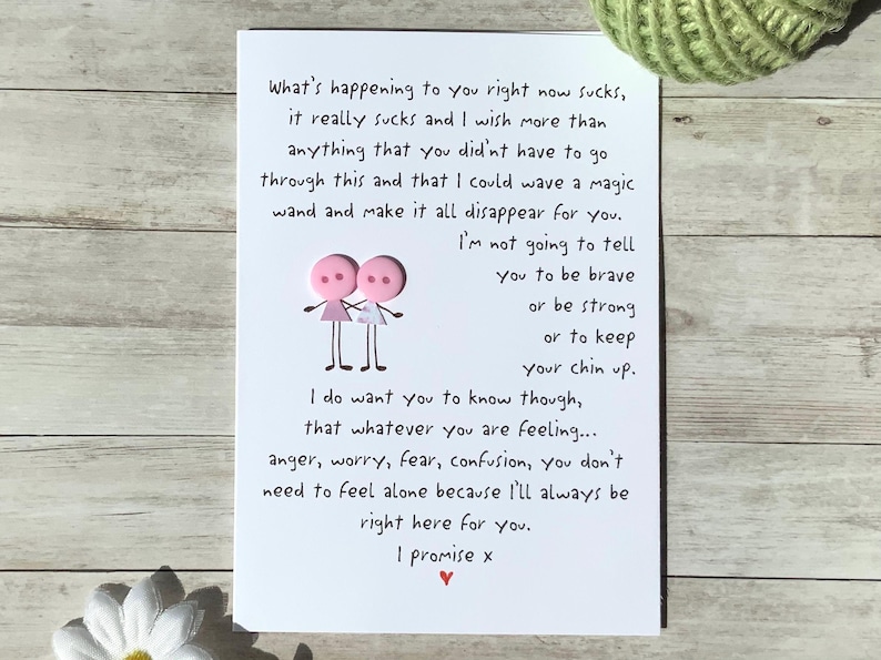 Friendship card for tough times, emotional support card for best friend, simple illustration of two figures holding hands, handmade style