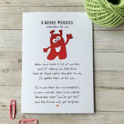 Carte d'encouragement Worry Monster : soutien contre l'anxiété, cadeau pour la santé mentale