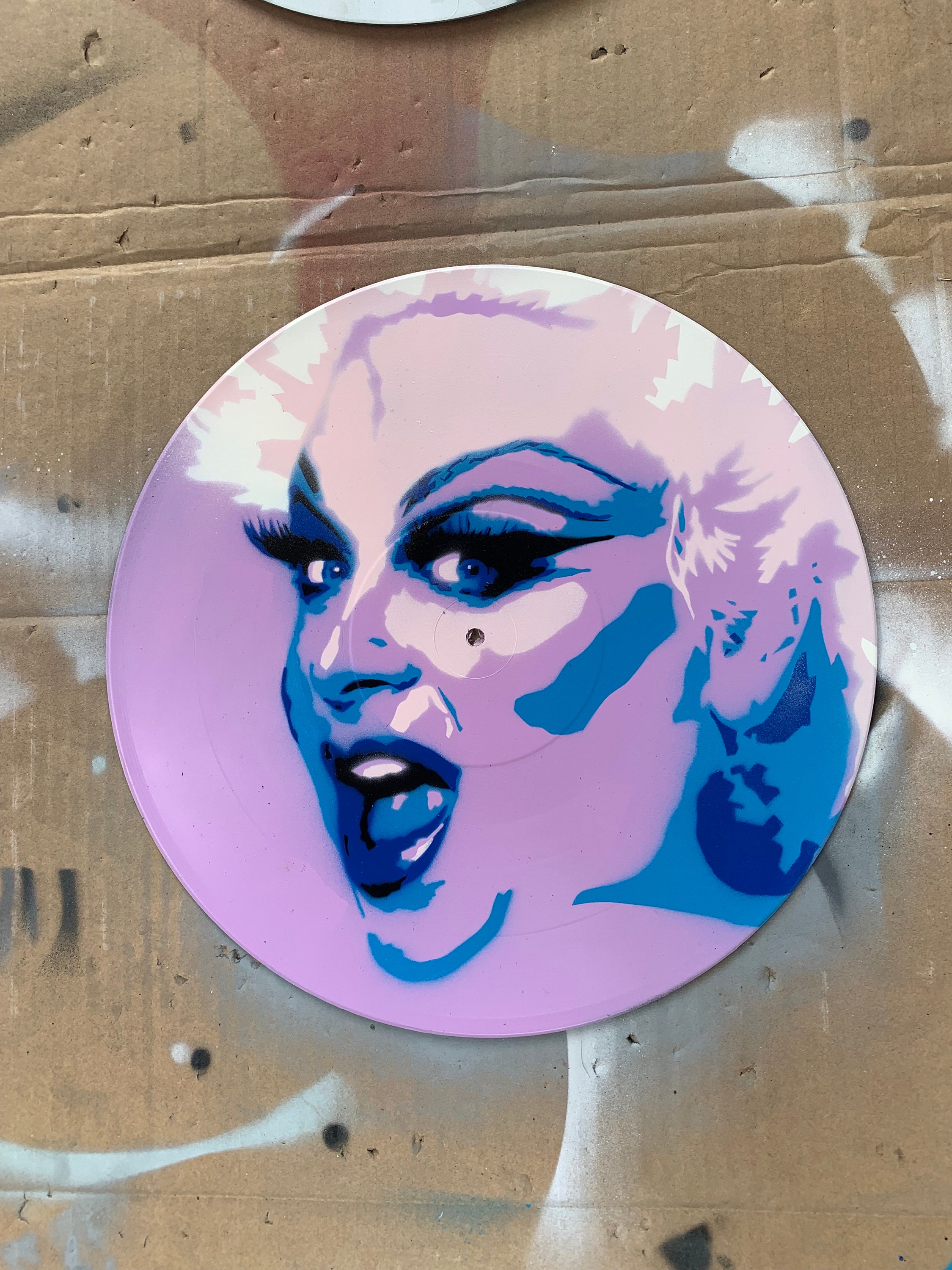 Divine, original, spray painting, stencil, street art, graffiti, record, vinyl art,